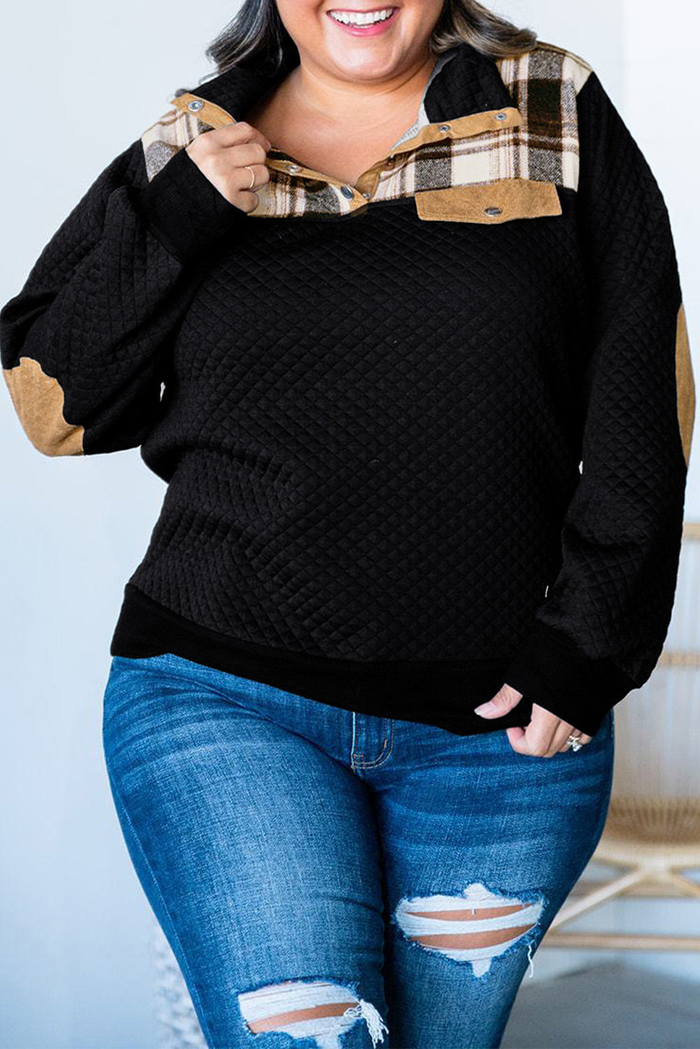 Black Plus Size Quilted Plaid Patch Henley Sweatshirt Ti Amo I love you