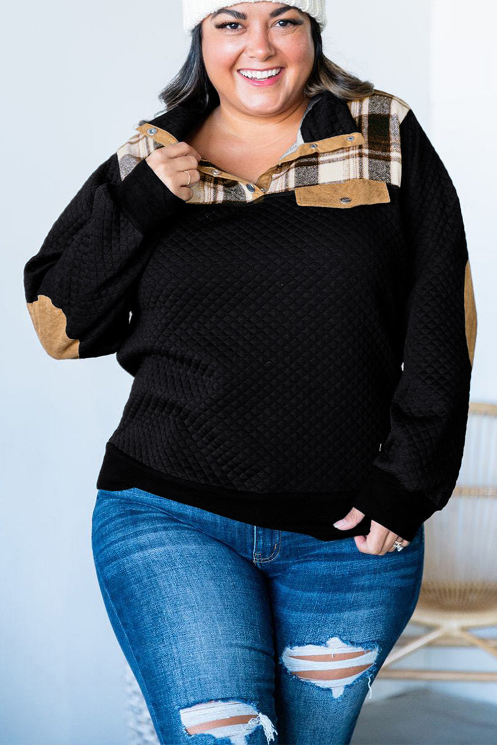 Black Plus Size Quilted Plaid Patch Henley Sweatshirt Ti Amo I love you