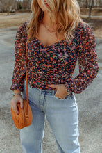 Load image into Gallery viewer, Black Plus Size V Neck Bubble Sleeve Floral Blouse Ti Amo I love you
