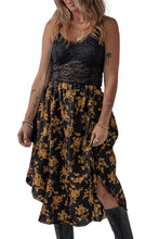 Load image into Gallery viewer, Black Printed Elastic Waist Button Decor Floral Ruffle Skirt Ti Amo I love you
