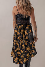 Load image into Gallery viewer, Black Printed Elastic Waist Button Decor Floral Ruffle Skirt Ti Amo I love you
