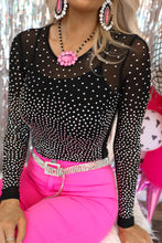 Load image into Gallery viewer, Black Rhinestone Embellished Mesh Long Sleeve Bodysuit Ti Amo I love you
