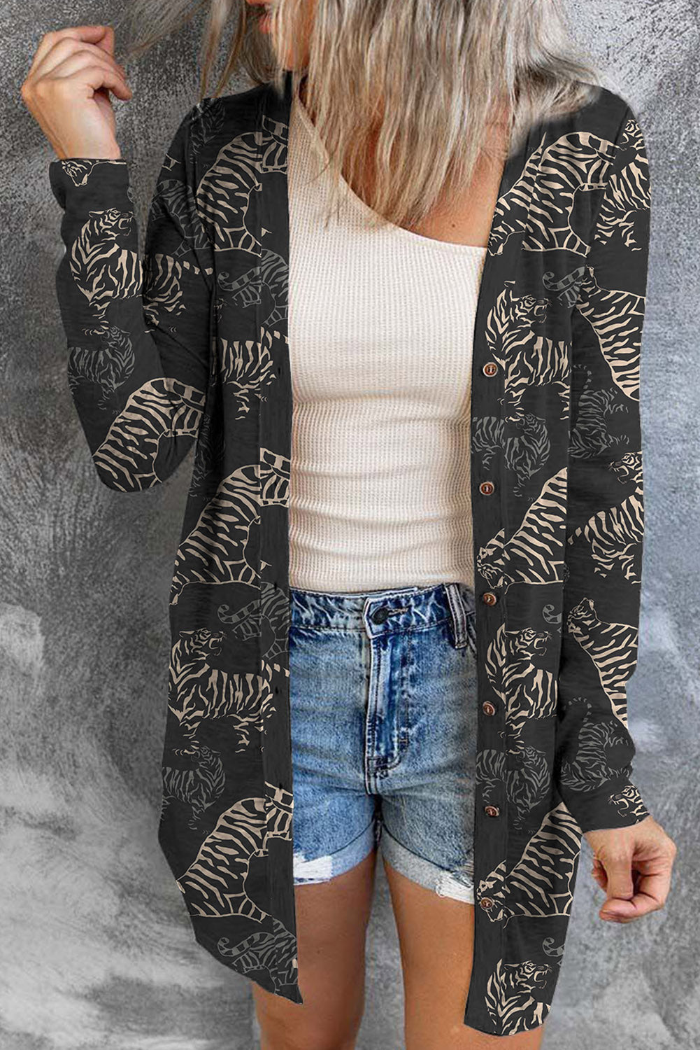 Black Wild Tiger Print Button Front Cardigan Ti Amo I love you