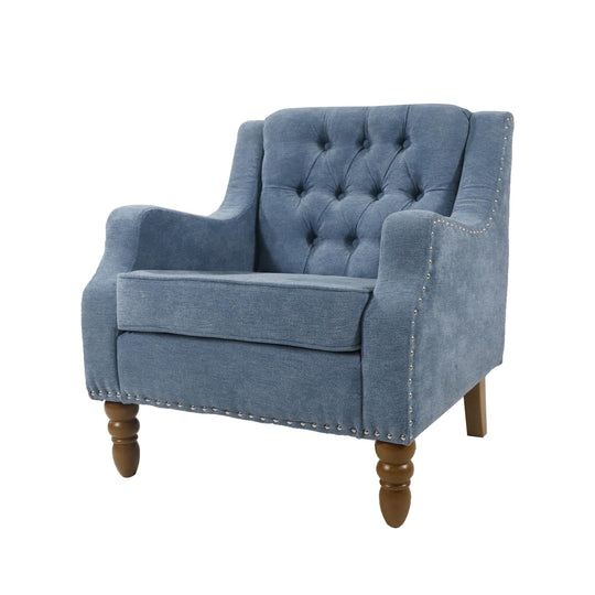 Blue Footstool Chair with Vintage Brass Studs - Button Tufted Upholstered Armchair Ti Amo I love you