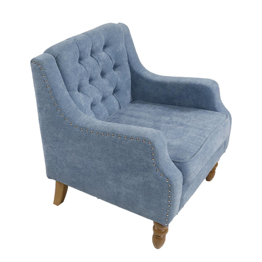 Blue Footstool Chair with Vintage Brass Studs - Button Tufted Upholstered Armchair Ti Amo I love you