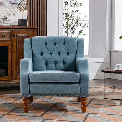 Blue Footstool Chair with Vintage Brass Studs - Button Tufted Upholstered Armchair Ti Amo I love you