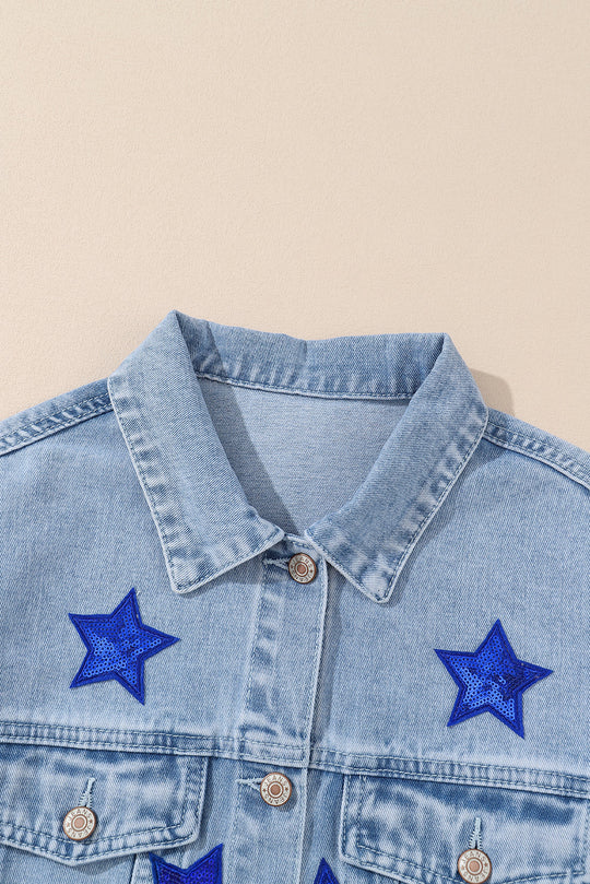 Blue Sequin Star Flap Pocket Denim Jacket Ti Amo I love you