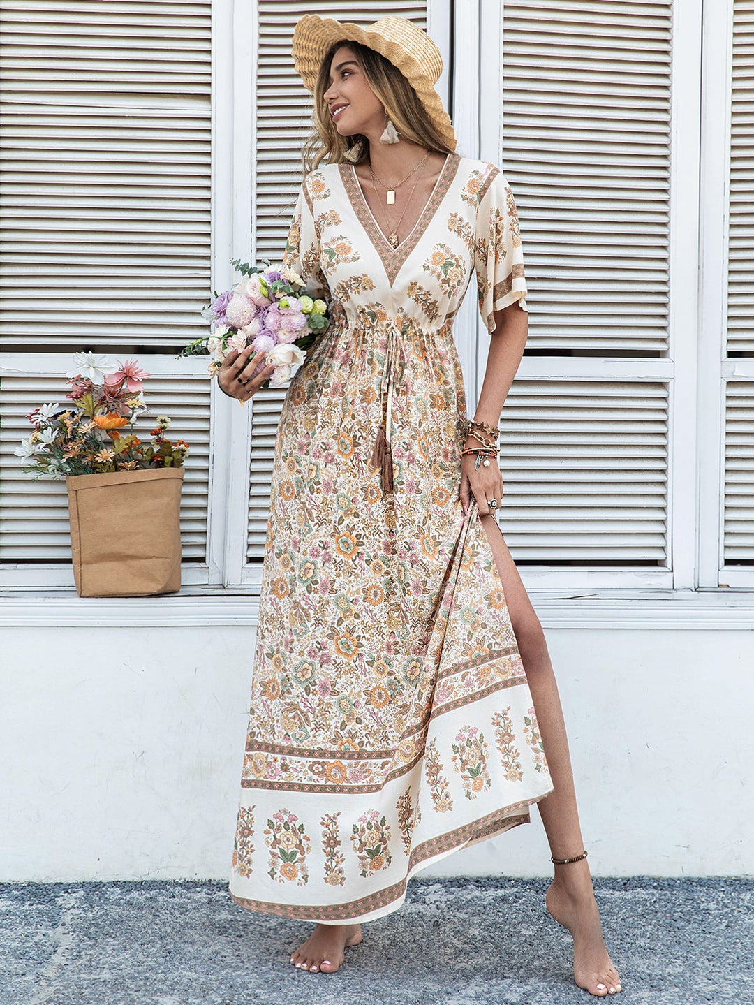 Bohemian Beige Printed Dress Long Tassel Women - Only Size M Left Ti Amo I love you