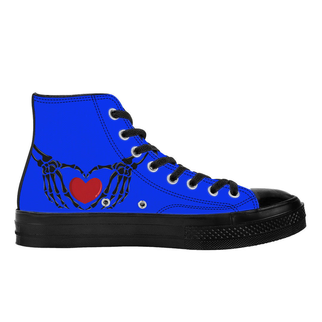 Ti Amo I love you - Exclusive Brand - Blue Blue Eyes - Skeleton Hands with Heart - High Top Canvas Shoes - Black  Soles