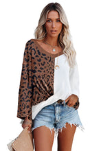 Load image into Gallery viewer, Brown Leopard Contrast Waffle Knit Twist Hem V Neck Top Ti Amo I love you
