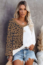 Load image into Gallery viewer, Brown Leopard Contrast Waffle Knit Twist Hem V Neck Top Ti Amo I love you
