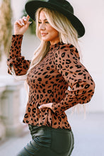 Load image into Gallery viewer, Brown Leopard Smocked Puff Sleeve Peplum Top Ti Amo I love you
