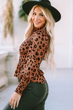 Load image into Gallery viewer, Brown Leopard Smocked Puff Sleeve Peplum Top Ti Amo I love you
