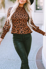 Load image into Gallery viewer, Brown Leopard Smocked Puff Sleeve Peplum Top Ti Amo I love you
