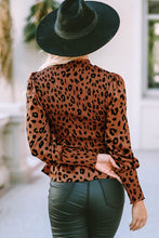 Load image into Gallery viewer, Brown Leopard Smocked Puff Sleeve Peplum Top Ti Amo I love you
