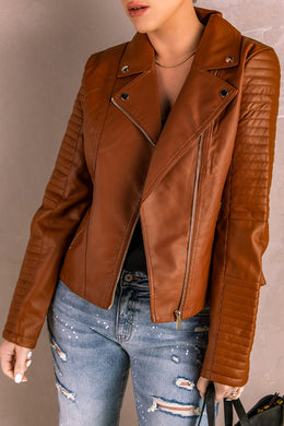 Brown - Ribbed Faux Leather Jacket Ti Amo I love you