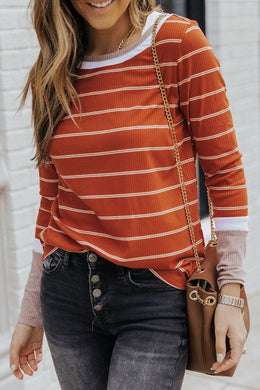 Brown Ribbed Knit Striped Top Ti Amo I love you