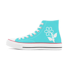 Load image into Gallery viewer, Ti Amo I love you - Exclusive Brand - Medium Turquoise Blue- White Daisy - High Top Canvas Shoes - White  Soles
