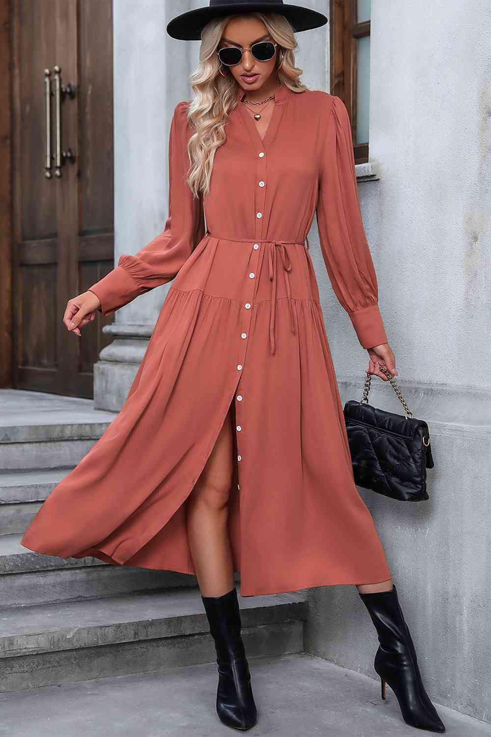 Button Down Notched Neck Dress - Only Sizes M-XL Left Ti Amo I love you