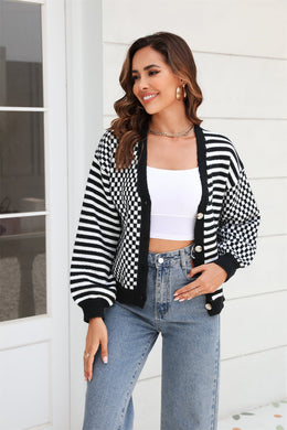 Button-Down Stripe & Plaid Contrast Pattern Cardigan Ti Amo I love you