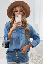 Load image into Gallery viewer, Button Front Roll-Tab Sleeve Denim Shirt - Sizes S-2XL Ti Amo I love you
