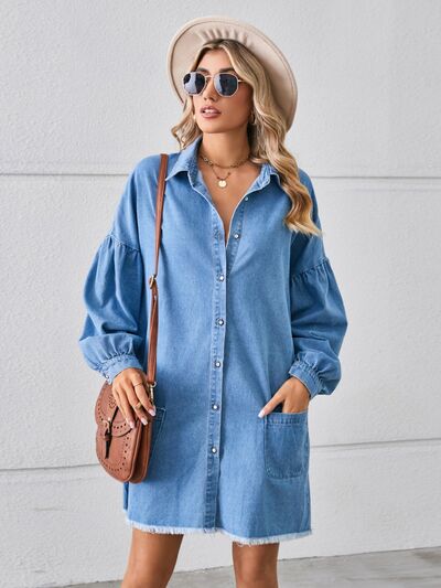 Button Up Pocketed Raw Hem Denim Dress Ti Amo I love you