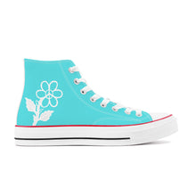 Load image into Gallery viewer, Ti Amo I love you - Exclusive Brand - Medium Turquoise Blue- White Daisy - High Top Canvas Shoes - White  Soles
