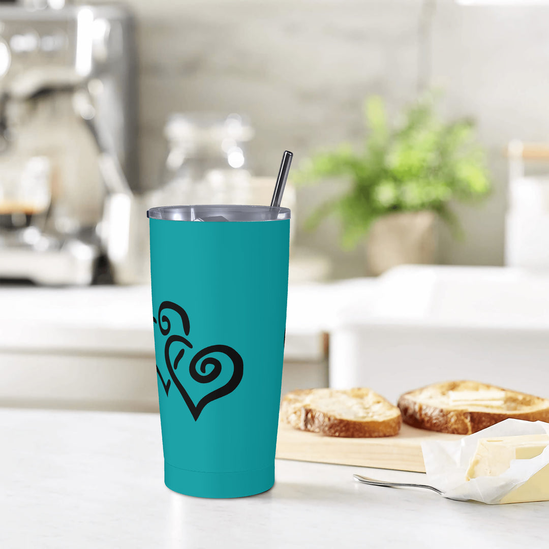 Ti Amo I love you - Exclusive Brand - Persian Green - Double Black Heart - 20oz Stainless Steel Straw Lid Cup