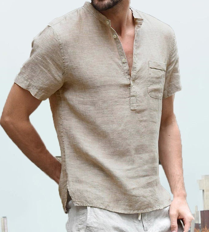 Casual Linen Solid Color Shirt Button V Neck Beach Shirt Men Summer Tops Ti Amo I love you