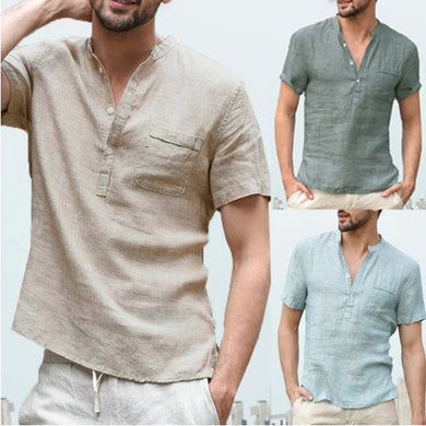 Casual Linen Solid Color Shirt Button V Neck Beach Shirt Men Summer Tops Ti Amo I love you