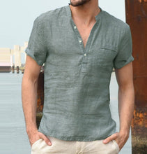 Load image into Gallery viewer, Casual Linen Solid Color Shirt Button V Neck Beach Shirt Men Summer Tops Ti Amo I love you
