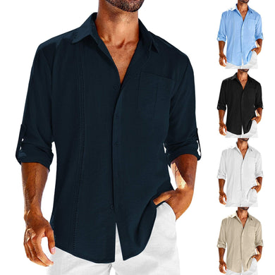 Casual  Long Sleeve Shirt With Pocket Lace Polo Collar Solid Color Button Mens Clothing Ti Amo I love you