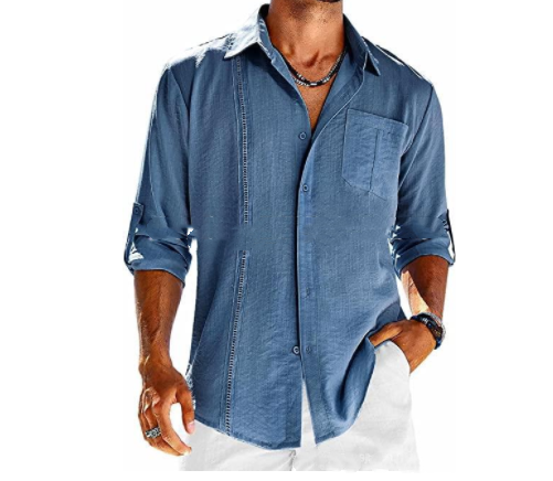 Casual  Long Sleeve Shirt With Pocket Lace Polo Collar Solid Color Button Mens Clothing Ti Amo I love you