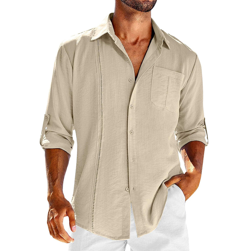 Casual  Long Sleeve Shirt With Pocket Lace Polo Collar Solid Color Button Mens Clothing Ti Amo I love you