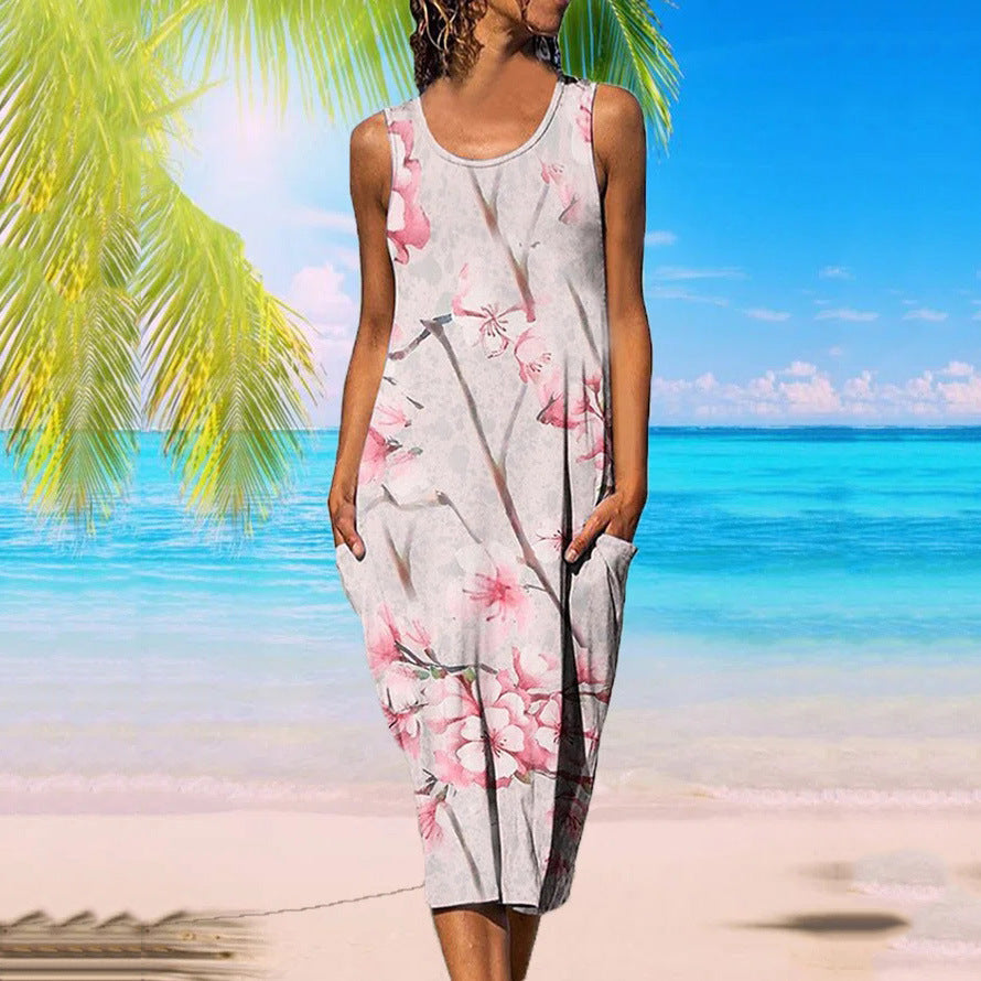 Casual Printed Sleeveless U-neck Pocket Dress Ti Amo I love you