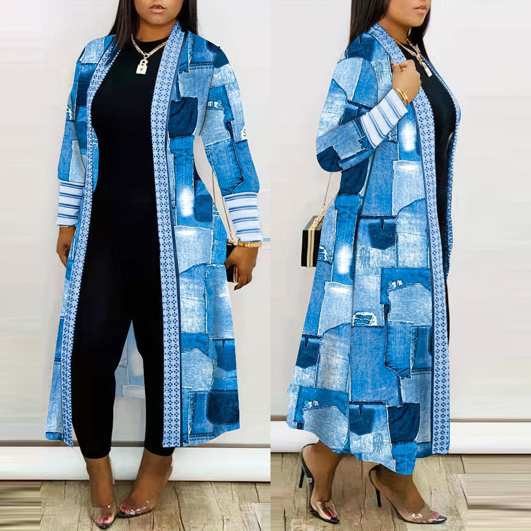 Casual Women Wear Imitation Denim Printed Long Trench Coat Cardigan Coat Ti Amo I love you