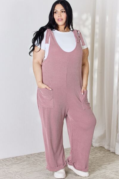 Celeste Full Size Ribbed Tie Shoulder Sleeveless Ankle Overalls Ti Amo I love you