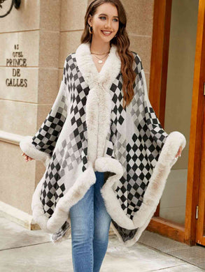 Checkered Faux Fur Trim Poncho Ti Amo I love you