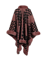 Load image into Gallery viewer, Checkered Faux Fur Trim Poncho Ti Amo I love you
