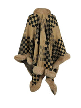 Load image into Gallery viewer, Checkered Faux Fur Trim Poncho Ti Amo I love you
