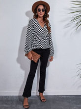 Load image into Gallery viewer, Checkered V-Neck Balloon Sleeve Peplum Blouse Ti Amo I love you
