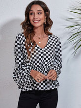 Load image into Gallery viewer, Checkered V-Neck Balloon Sleeve Peplum Blouse Ti Amo I love you
