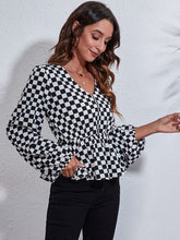 Load image into Gallery viewer, Checkered V-Neck Balloon Sleeve Peplum Blouse Ti Amo I love you
