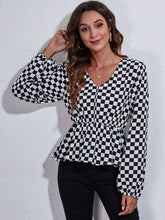 Load image into Gallery viewer, Checkered V-Neck Balloon Sleeve Peplum Blouse Ti Amo I love you
