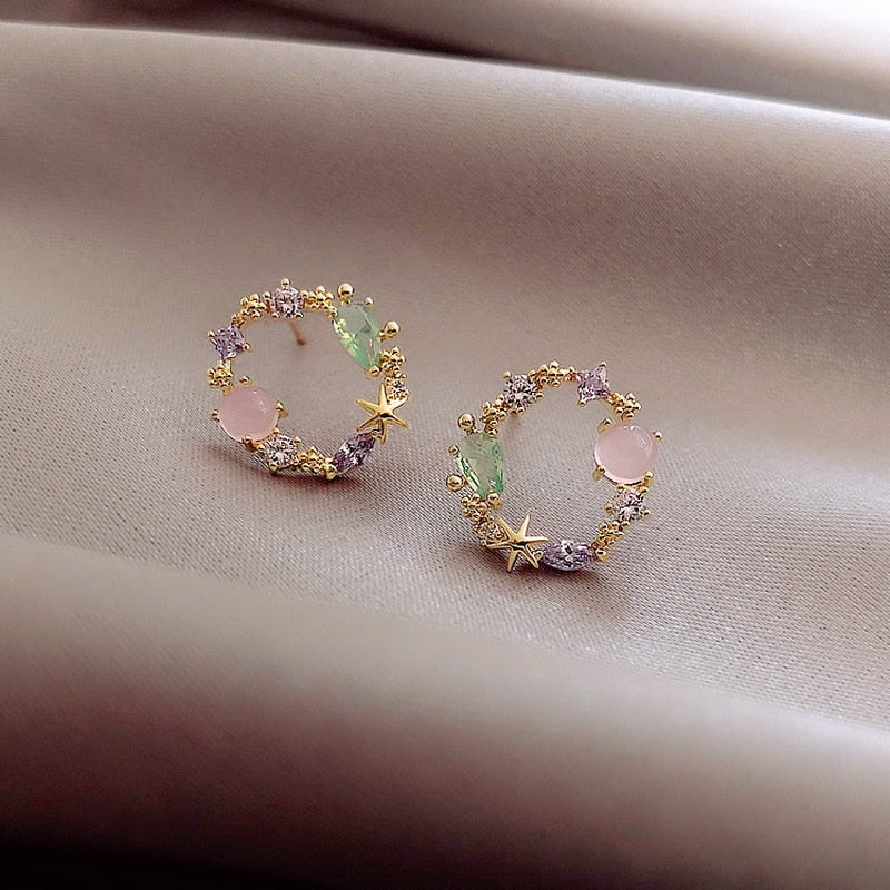 Classic Round Pink Green Crystal Stud Earrings - Sweet Flower Cirlce Jewelry Ti Amo I love you