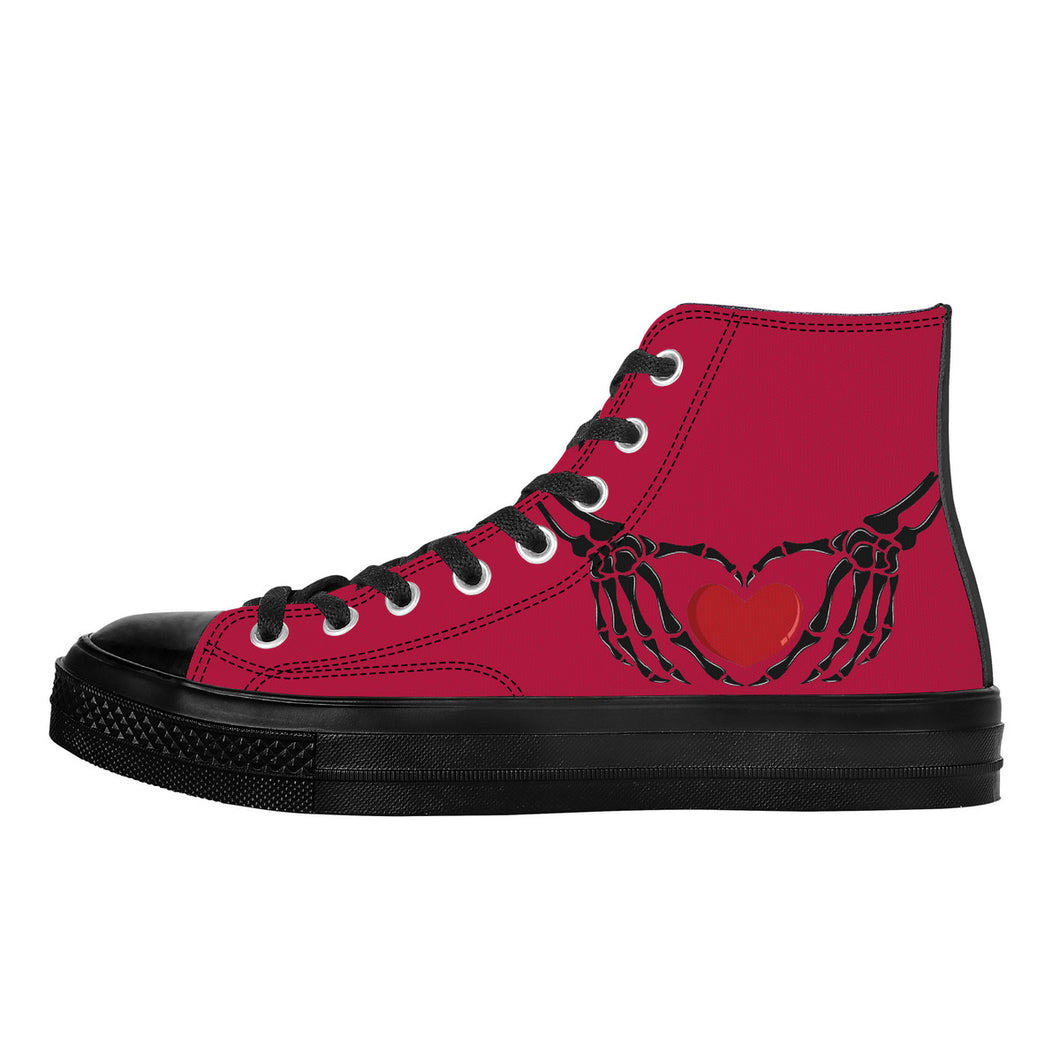 Ti Amo I love you - Exclusive Brand - Cardinal - Skeleton Hands with Heart - High Top Canvas Shoes - Black  Soles