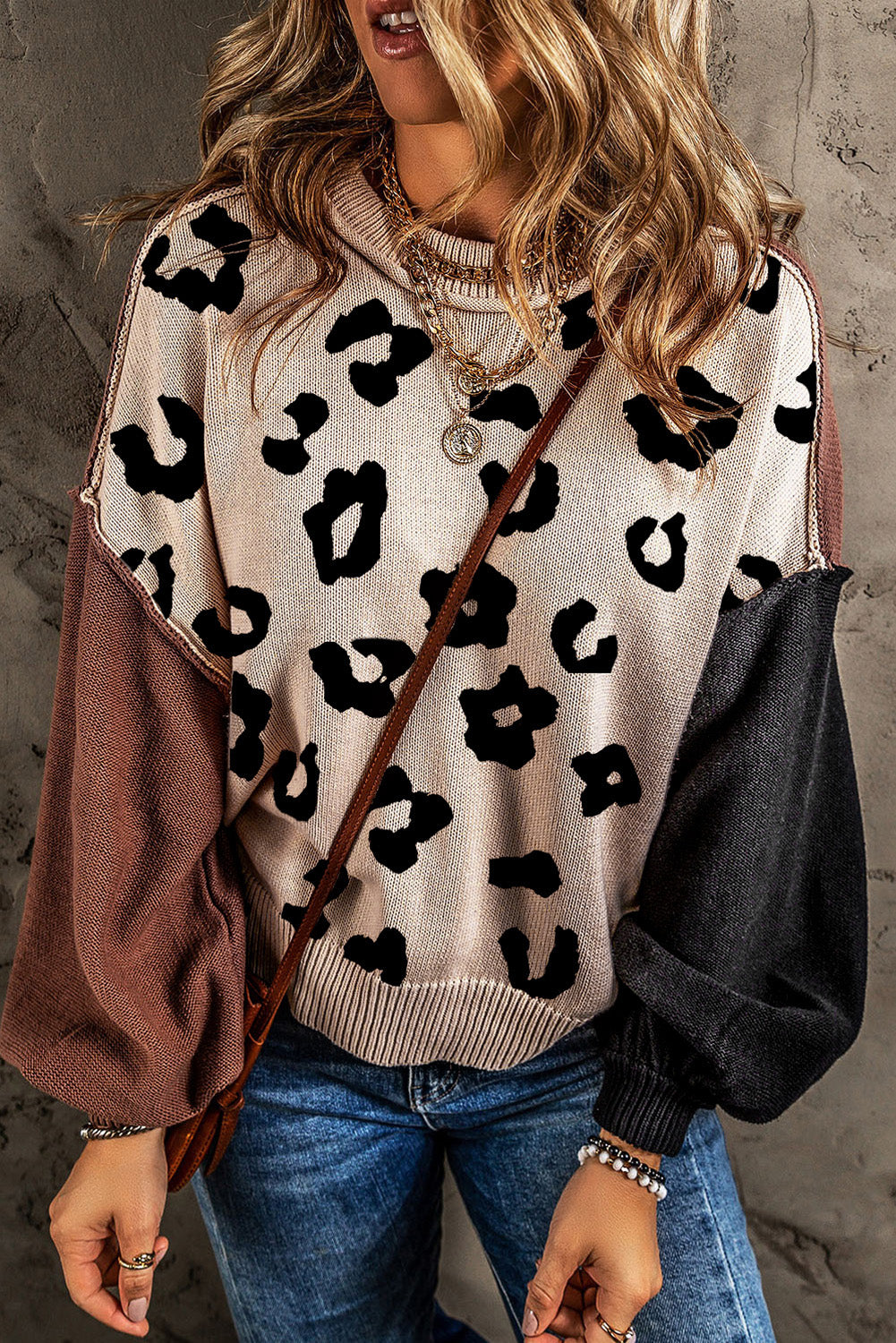 Coffee Leopard Print Colorblock Pullover Sweater Ti Amo I love you