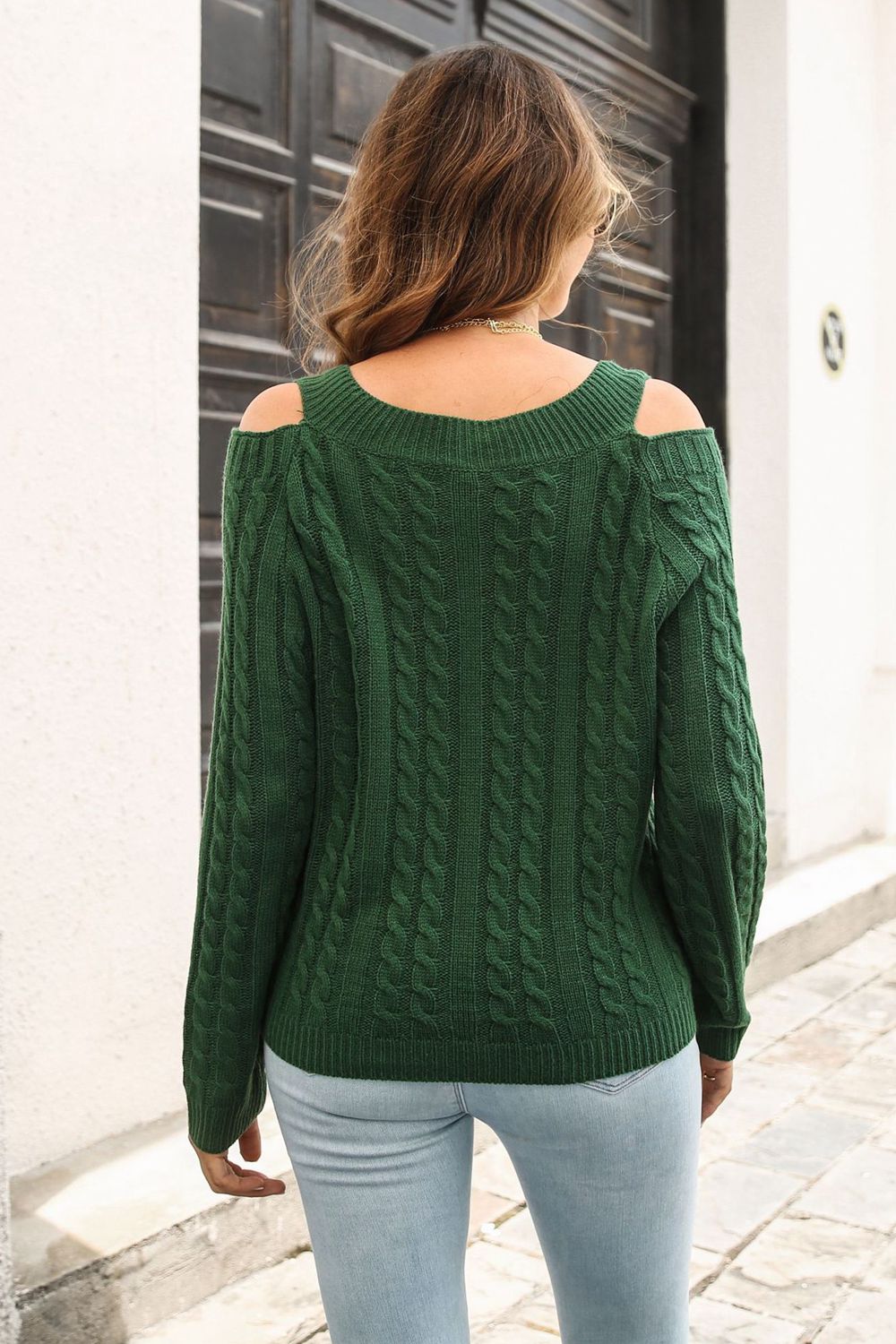 Cold Shoulder V-Neck Cable-Knit Pullover Sweater Ti Amo I love you