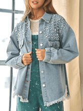 Load image into Gallery viewer, Collared Neck Raw Hem Dropped Shoulder Denim Jacket Ti Amo I love you
