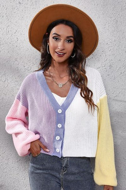 Color Block Button Up V-Neck Knit Top Ti Amo I love you